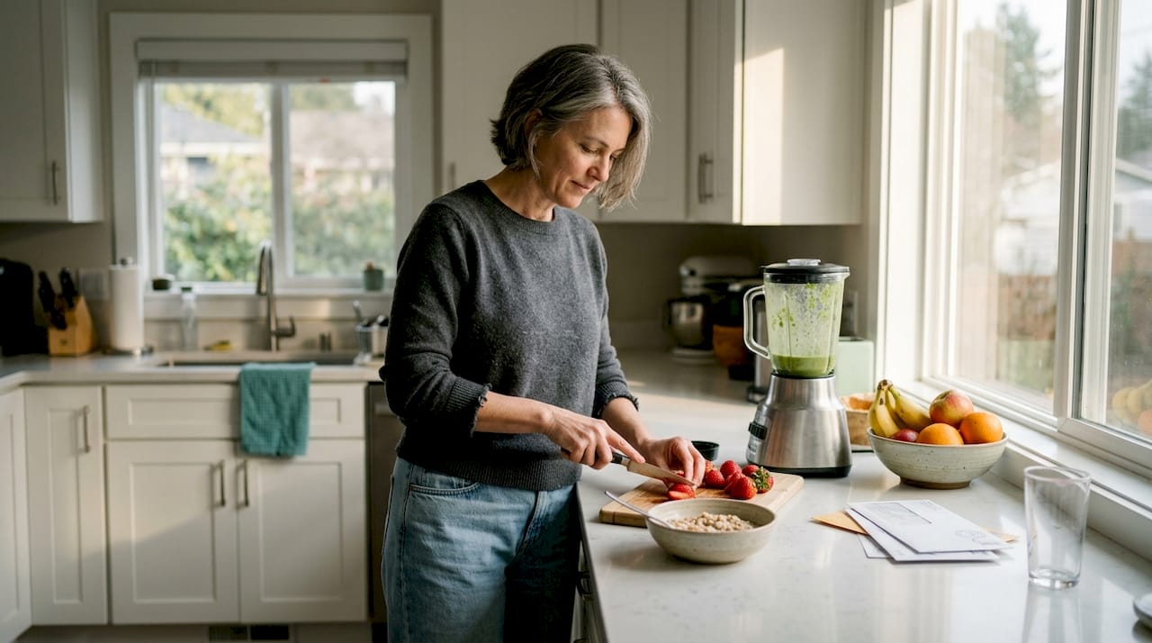Woman preparing healthy anti-aging breakfast